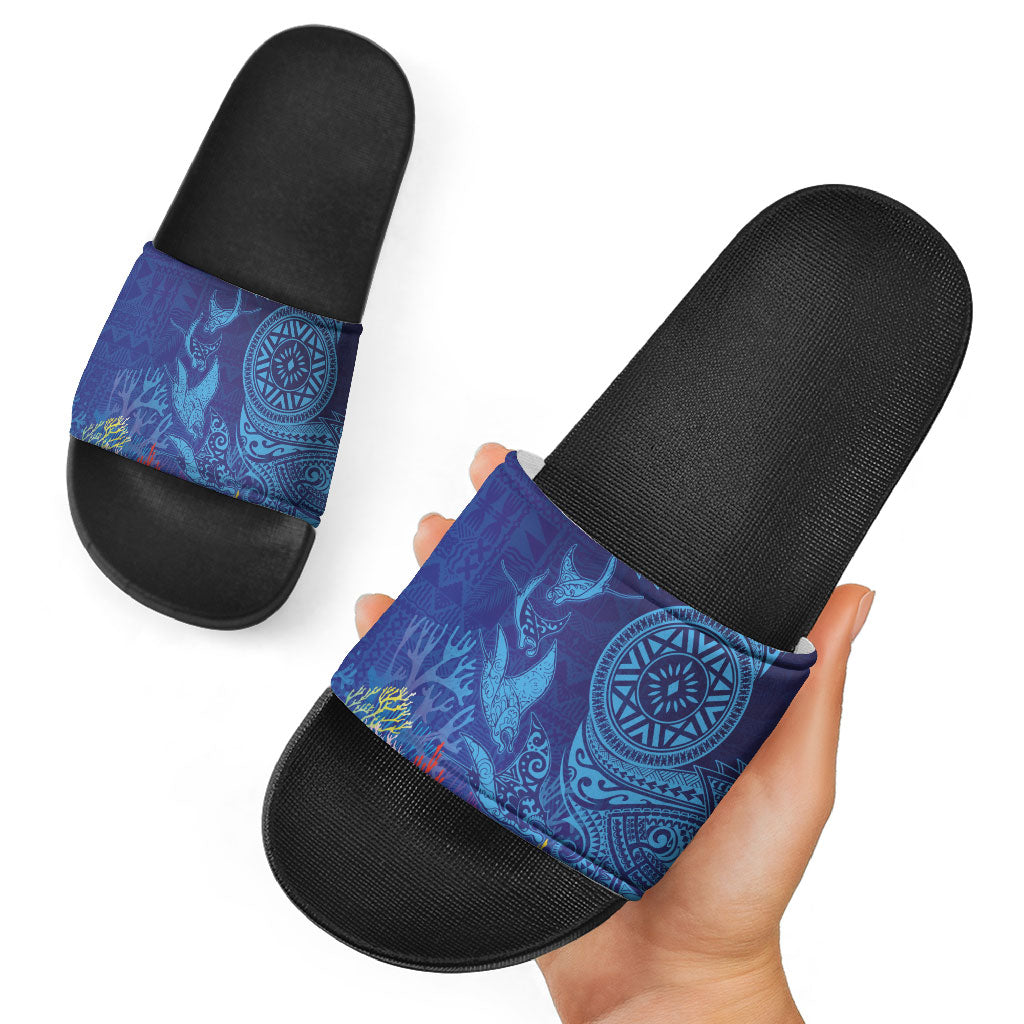 Fijian Tribal Manta Ray Slide Sandals Masi Motif with Coral Reef Ocean Vibe