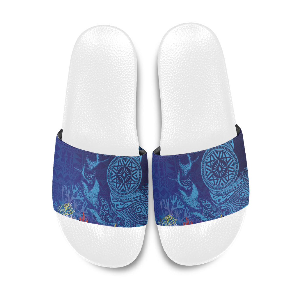 Fijian Tribal Manta Ray Slide Sandals Masi Motif with Coral Reef Ocean Vibe