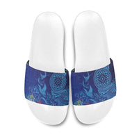 Fijian Tribal Manta Ray Slide Sandals Masi Motif with Coral Reef Ocean Vibe