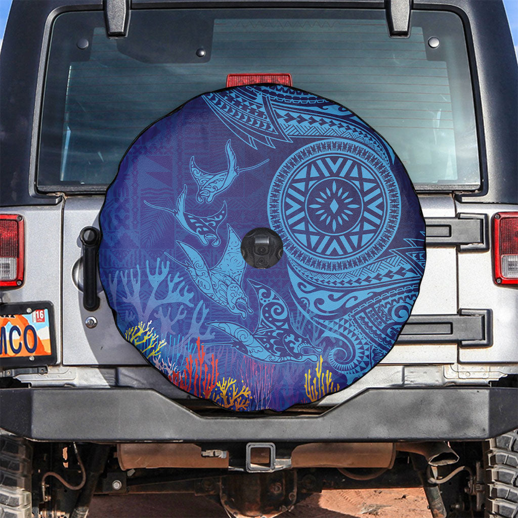 Fijian Tribal Manta Ray Spare Tire Cover Masi Motif with Coral Reef Ocean Vibe