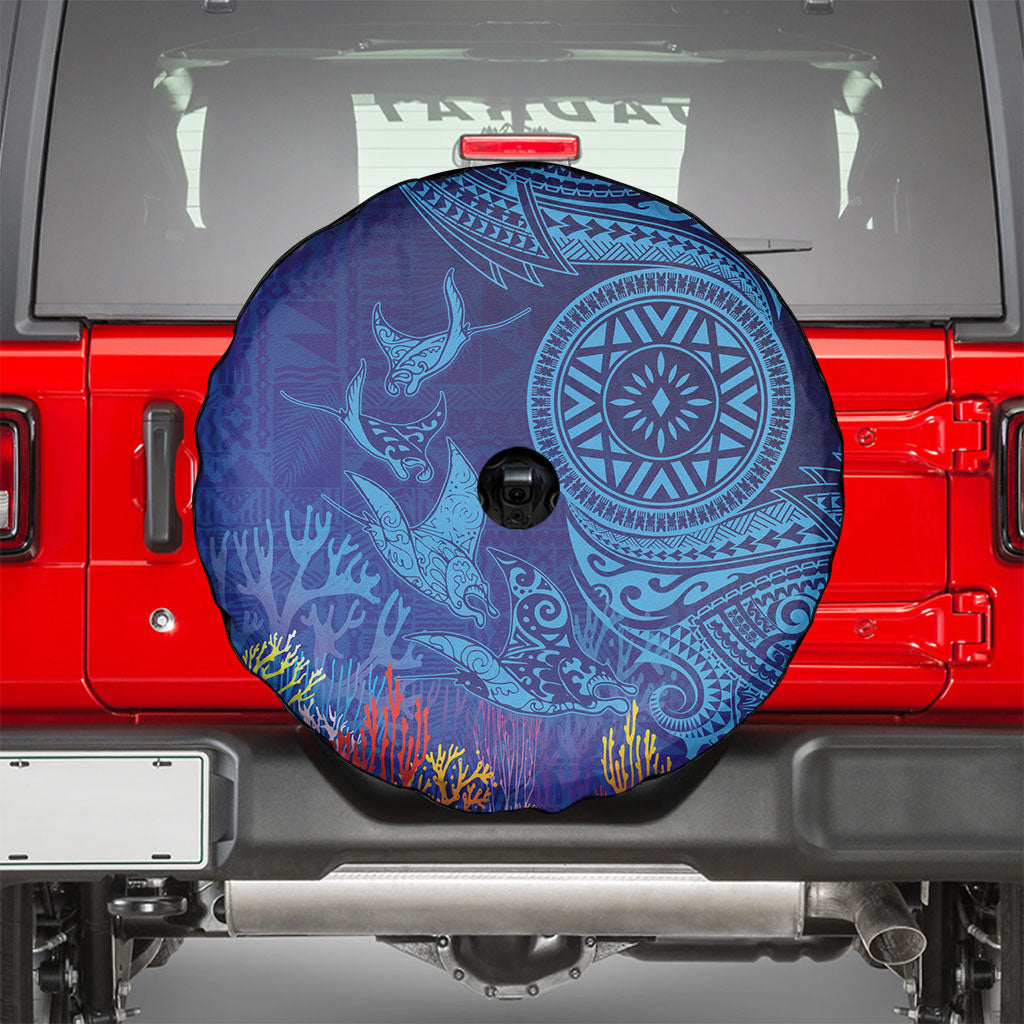 Fijian Tribal Manta Ray Spare Tire Cover Masi Motif with Coral Reef Ocean Vibe