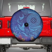 Fijian Tribal Manta Ray Spare Tire Cover Masi Motif with Coral Reef Ocean Vibe