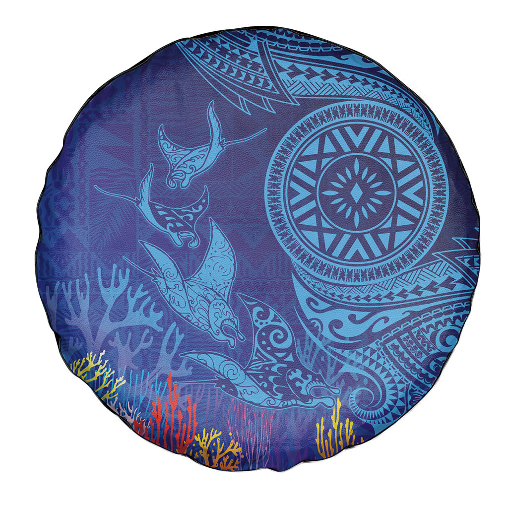 Fijian Tribal Manta Ray Spare Tire Cover Masi Motif with Coral Reef Ocean Vibe