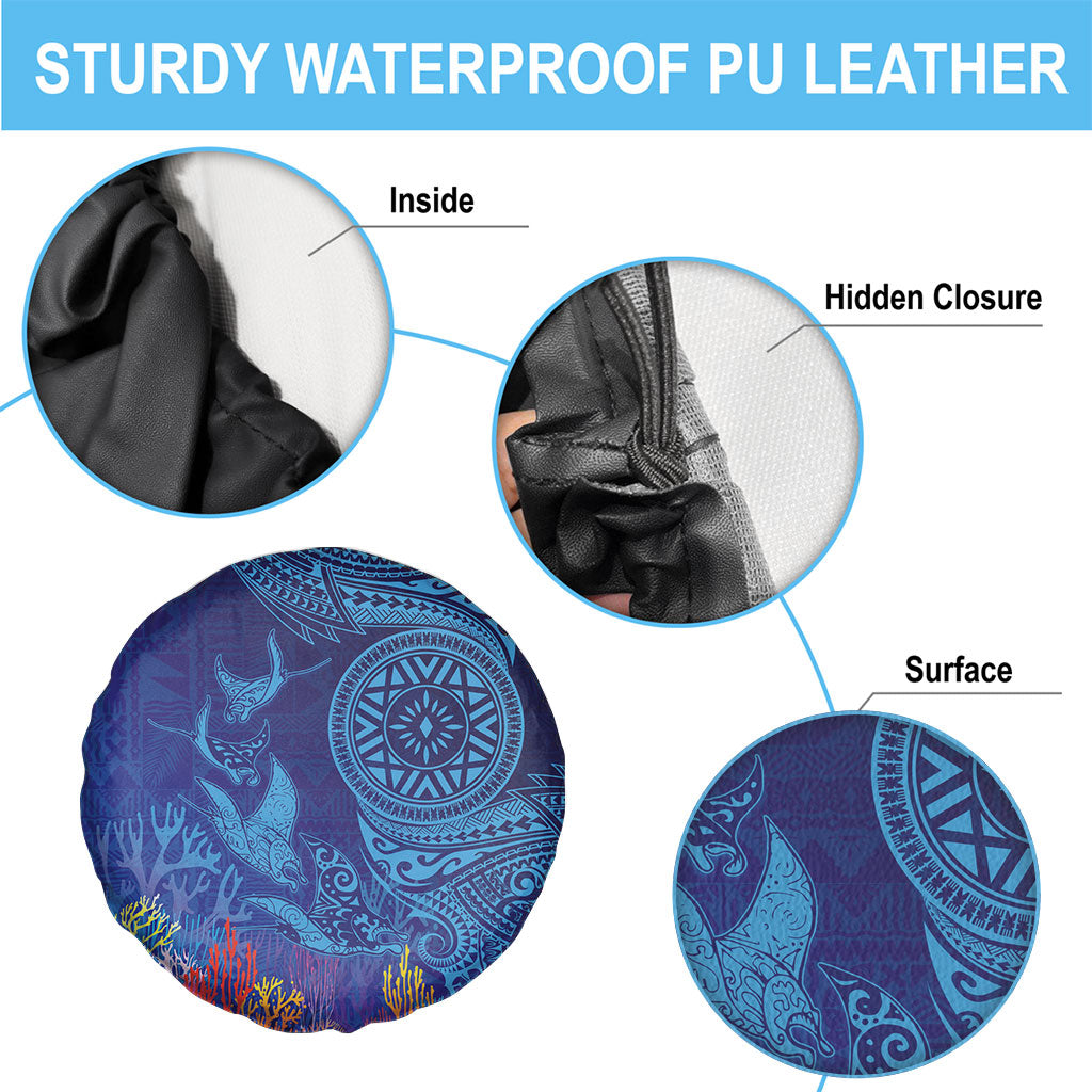 Fijian Tribal Manta Ray Spare Tire Cover Masi Motif with Coral Reef Ocean Vibe