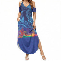 Fijian Tribal Manta Ray Summer Maxi Dress Masi Motif with Coral Reef Ocean Vibe