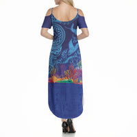 Fijian Tribal Manta Ray Summer Maxi Dress Masi Motif with Coral Reef Ocean Vibe