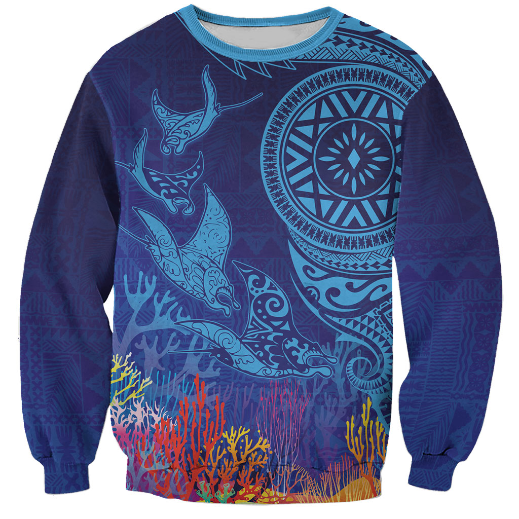 Fijian Tribal Manta Ray Sweatshirt Masi Motif with Coral Reef Ocean Vibe