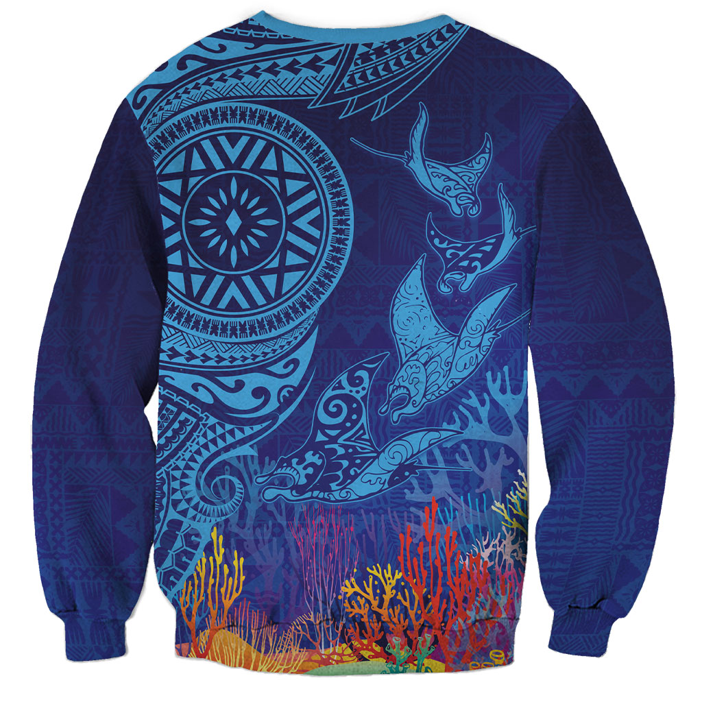Fijian Tribal Manta Ray Sweatshirt Masi Motif with Coral Reef Ocean Vibe