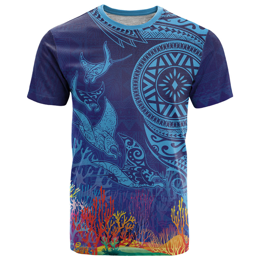 Fijian Tribal Manta Ray T Shirt Masi Motif with Coral Reef Ocean Vibe