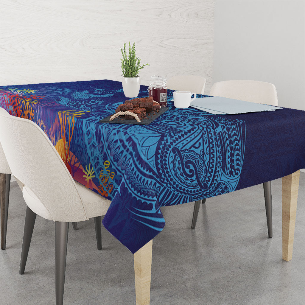 Fijian Tribal Manta Ray Tablecloth Masi Motif with Coral Reef Ocean Vibe