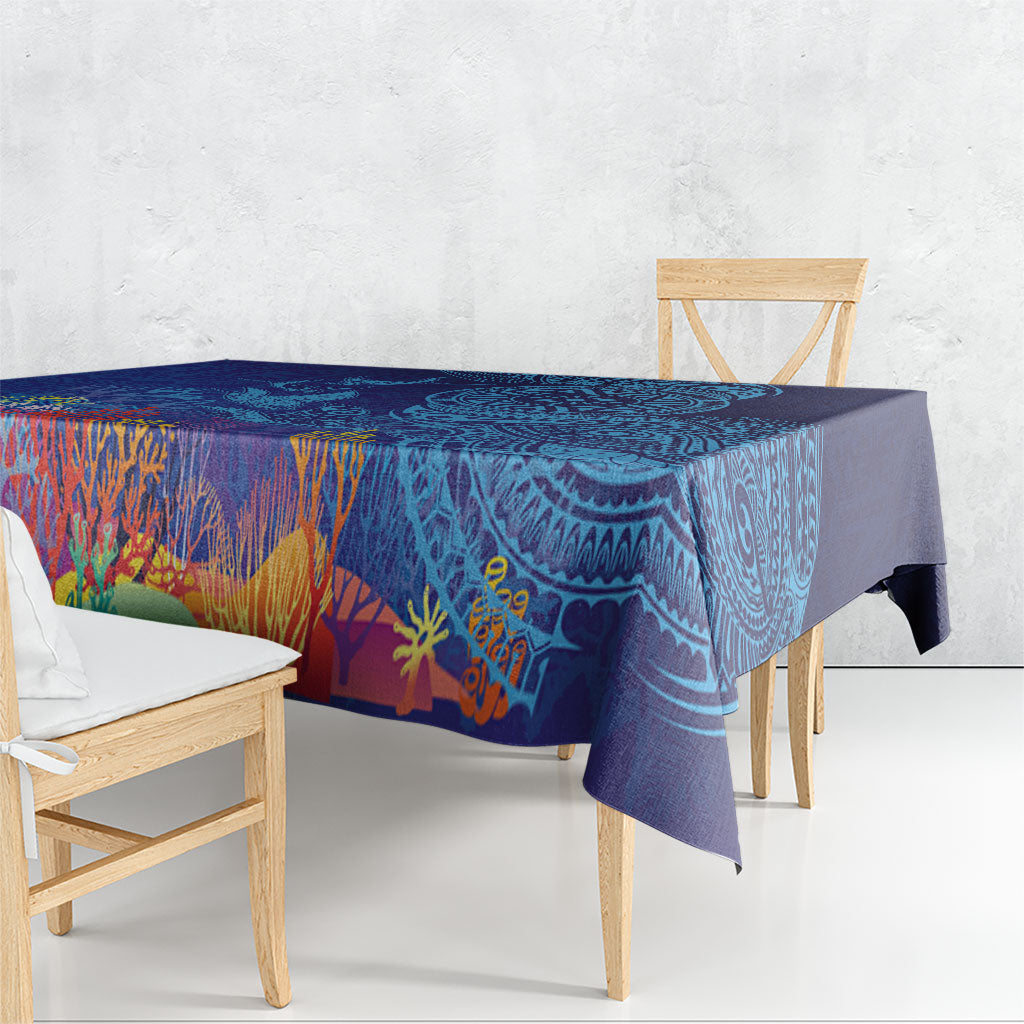 Fijian Tribal Manta Ray Tablecloth Masi Motif with Coral Reef Ocean Vibe
