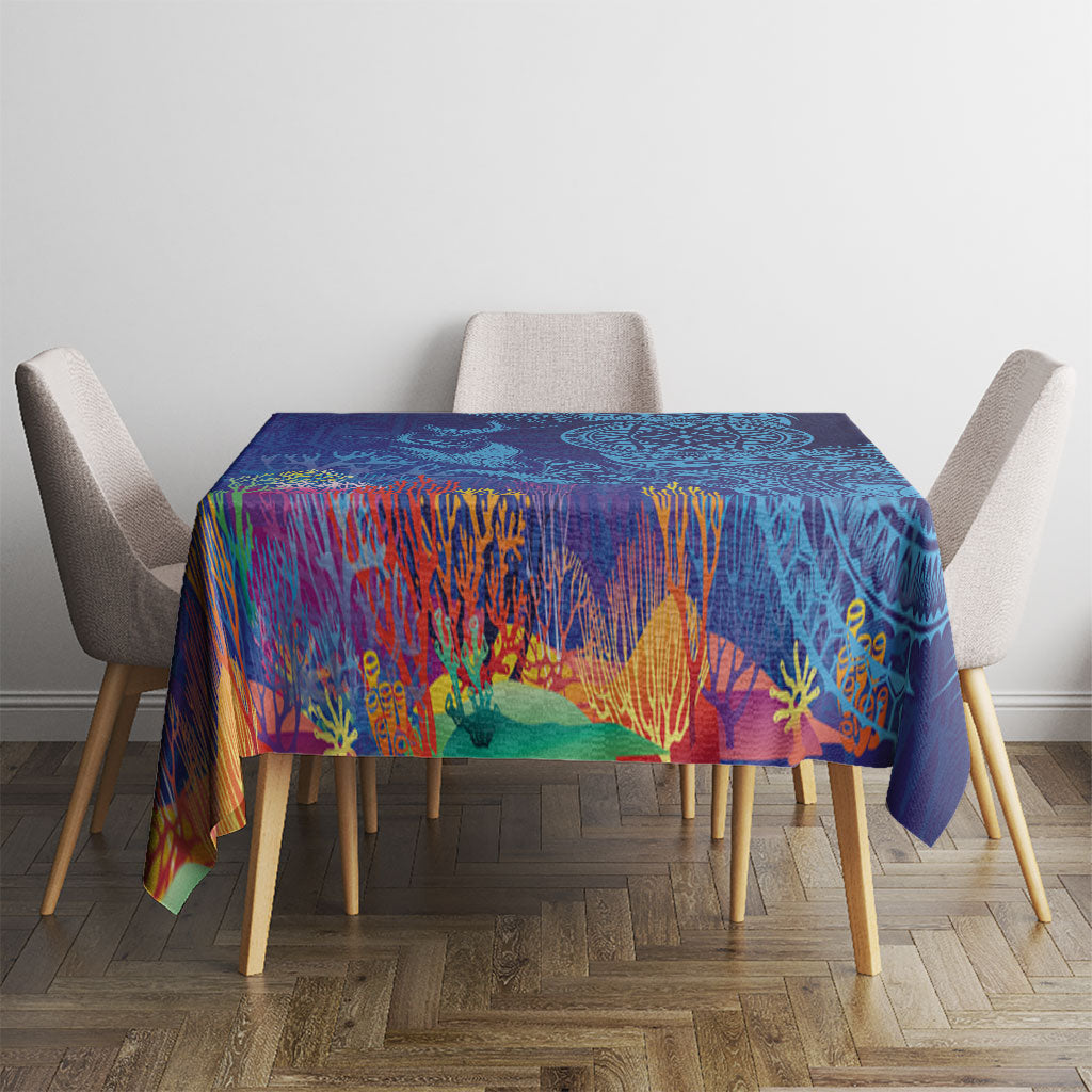 Fijian Tribal Manta Ray Tablecloth Masi Motif with Coral Reef Ocean Vibe