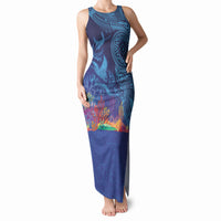 Fijian Tribal Manta Ray Tank Maxi Dress Masi Motif with Coral Reef Ocean Vibe