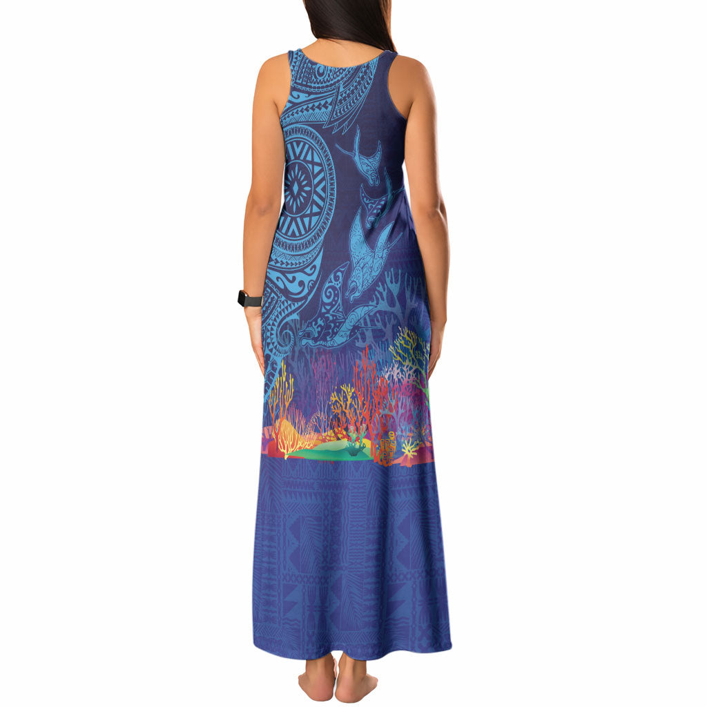 Fijian Tribal Manta Ray Tank Maxi Dress Masi Motif with Coral Reef Ocean Vibe