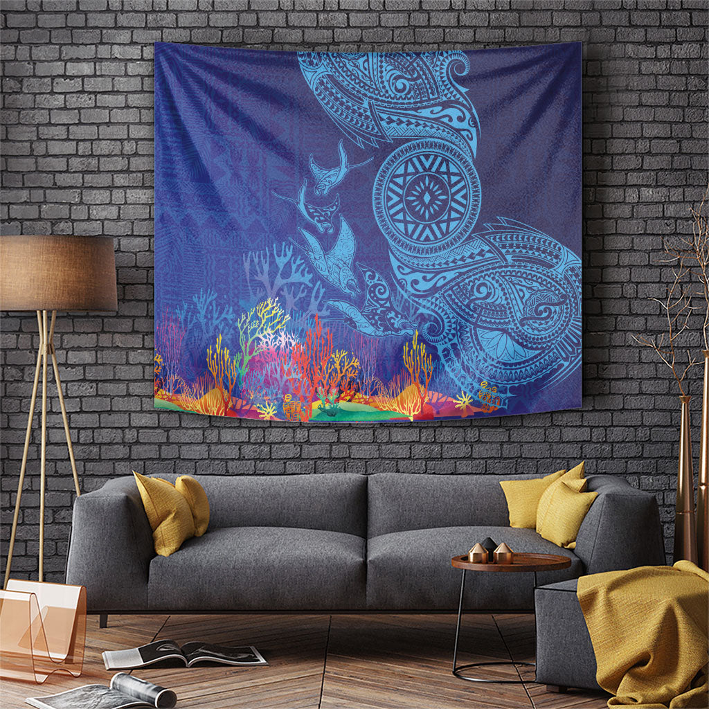Fijian Tribal Manta Ray Tapestry Masi Motif with Coral Reef Ocean Vibe