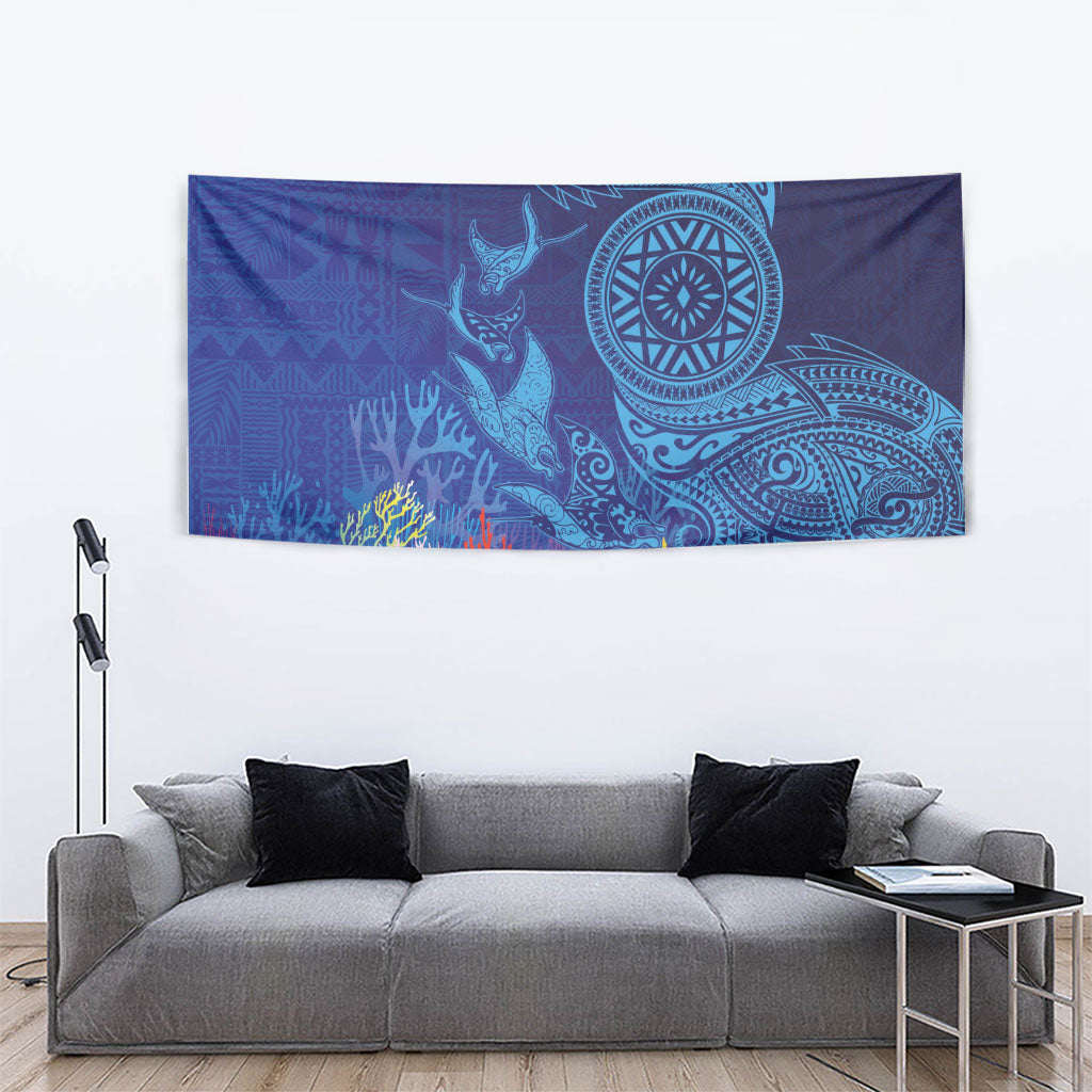 Fijian Tribal Manta Ray Tapestry Masi Motif with Coral Reef Ocean Vibe