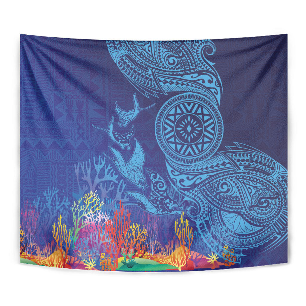Fijian Tribal Manta Ray Tapestry Masi Motif with Coral Reef Ocean Vibe