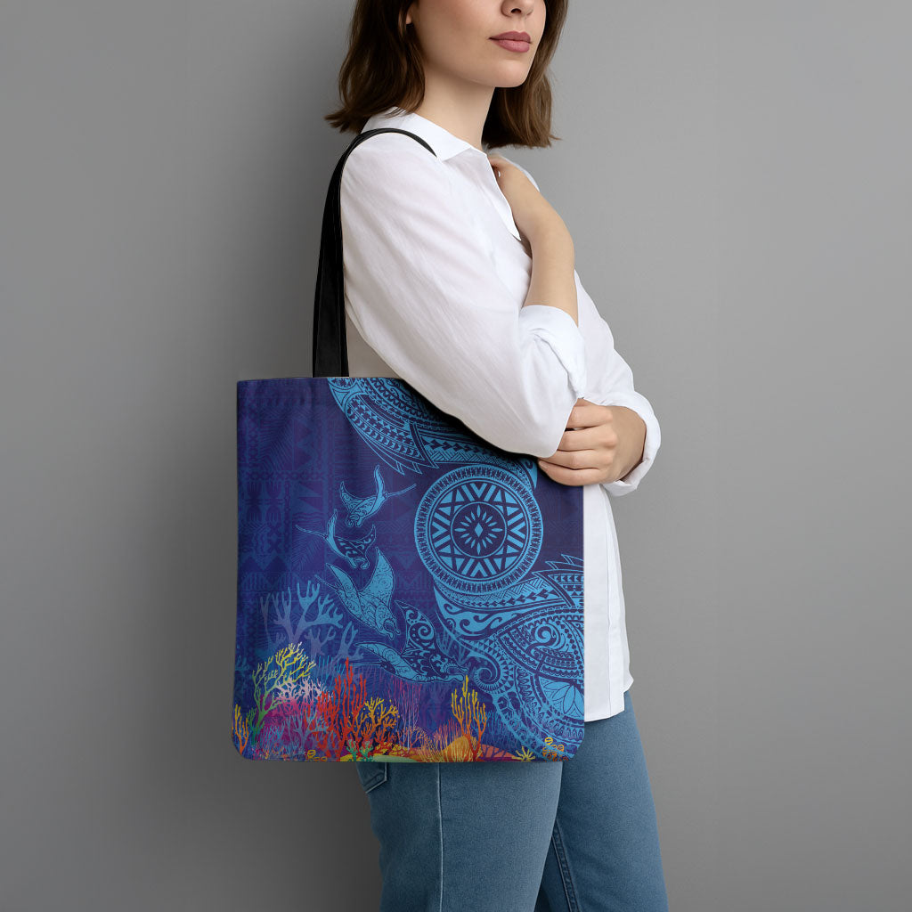 Fijian Tribal Manta Ray Tote Bag Masi Motif with Coral Reef Ocean Vibe