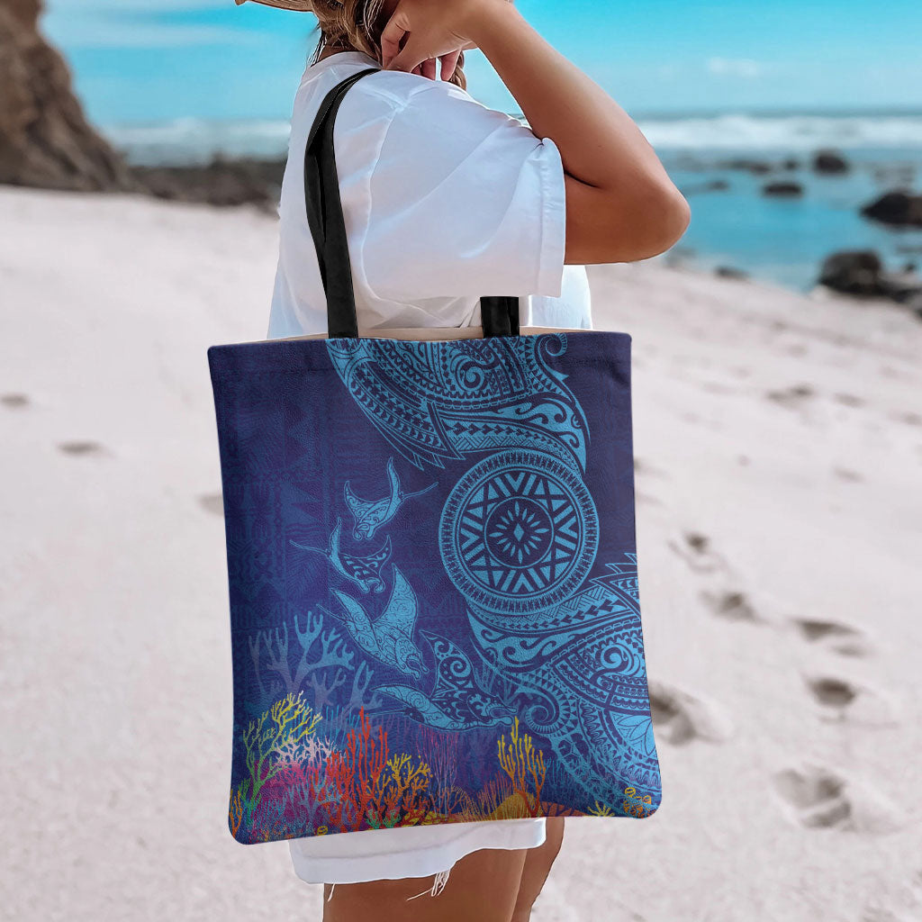 Fijian Tribal Manta Ray Tote Bag Masi Motif with Coral Reef Ocean Vibe