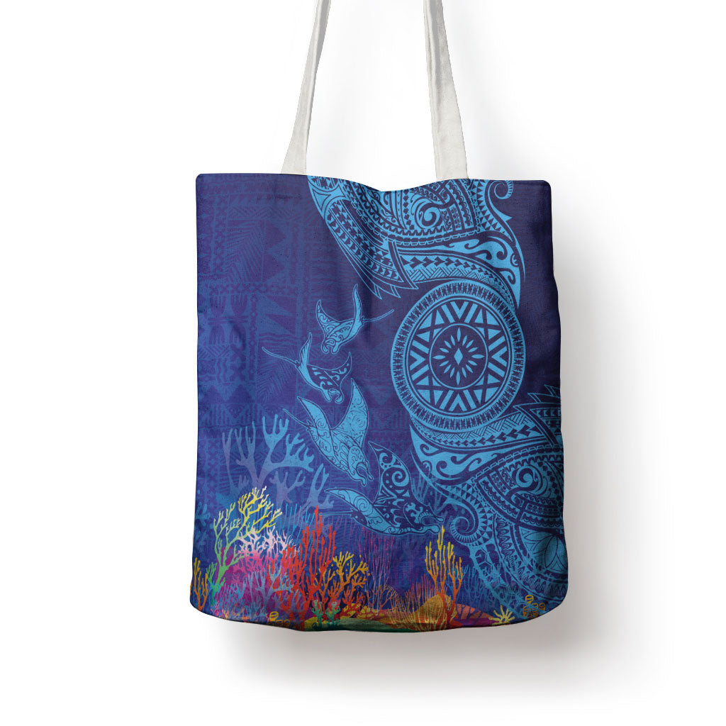 Fijian Tribal Manta Ray Tote Bag Masi Motif with Coral Reef Ocean Vibe