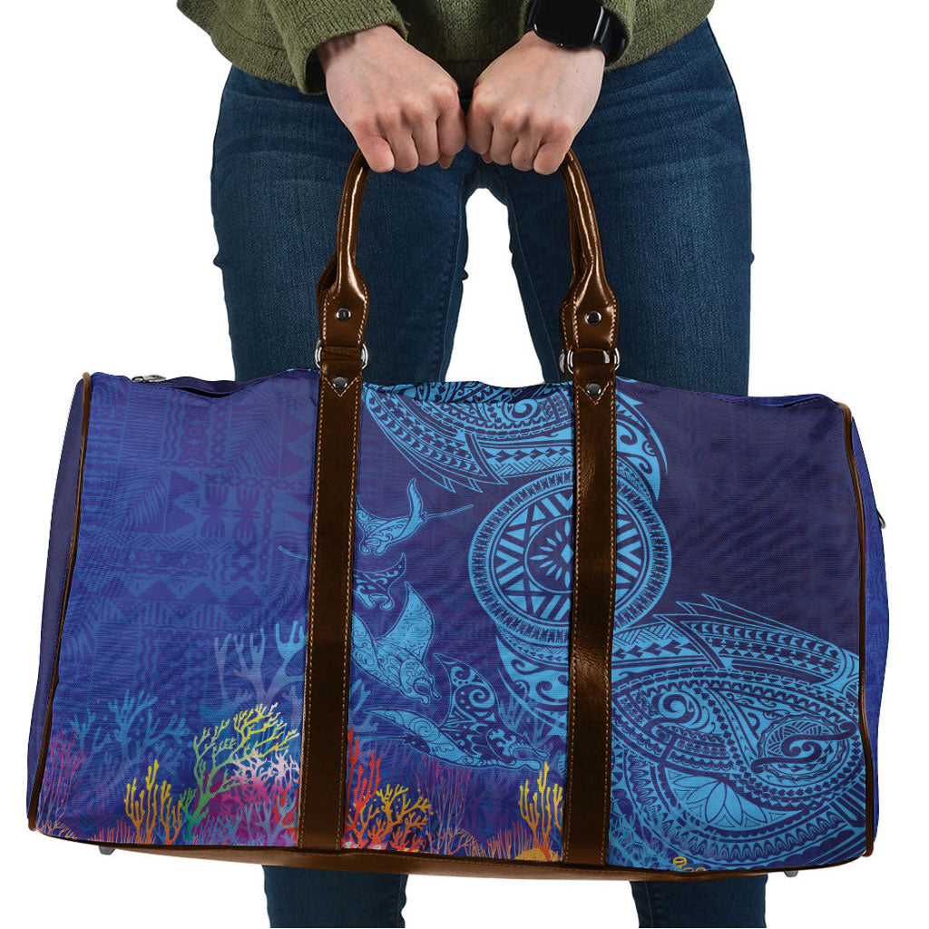 Fijian Tribal Manta Ray Travel Bag Masi Motif with Coral Reef Ocean Vibe
