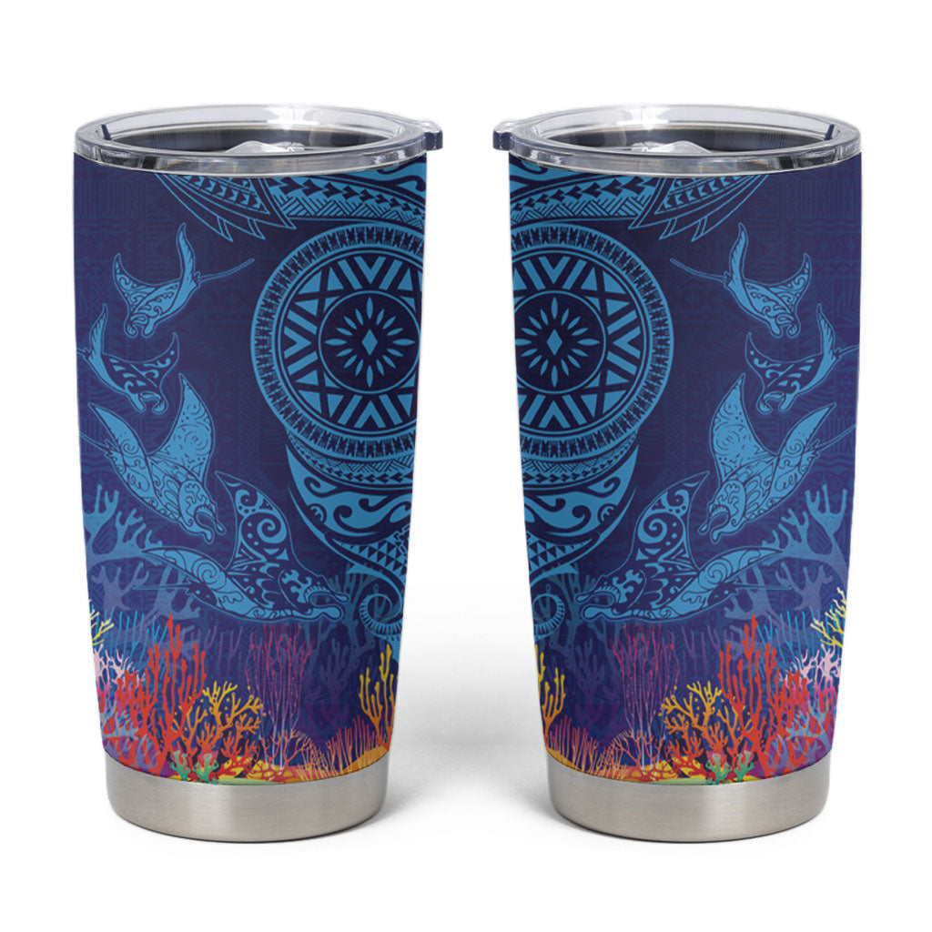 Fijian Tribal Manta Ray Tumbler Cup Masi Motif with Coral Reef Ocean Vibe