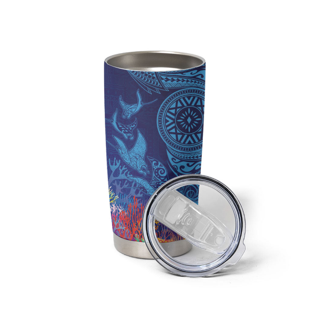 Fijian Tribal Manta Ray Tumbler Cup Masi Motif with Coral Reef Ocean Vibe