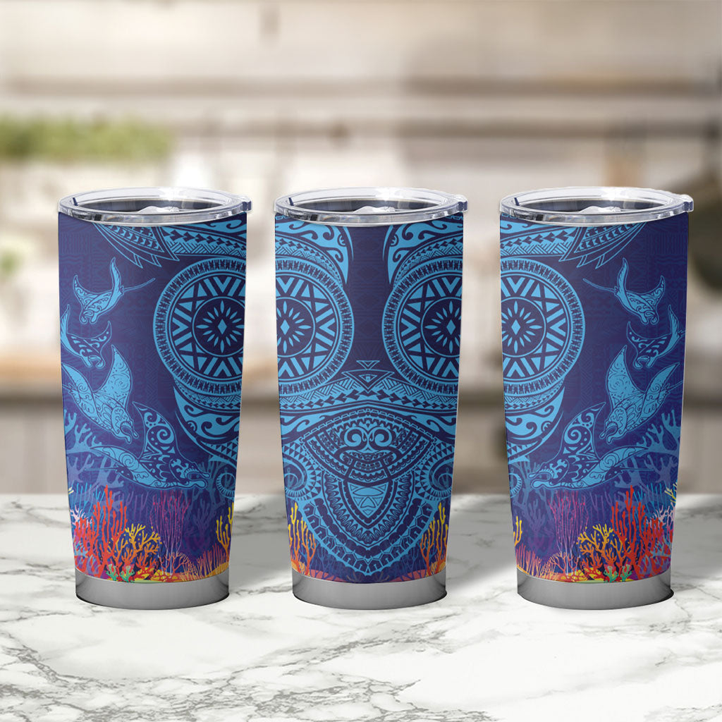 Fijian Tribal Manta Ray Tumbler Cup Masi Motif with Coral Reef Ocean Vibe