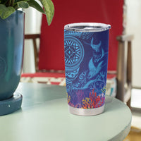 Fijian Tribal Manta Ray Tumbler Cup Masi Motif with Coral Reef Ocean Vibe