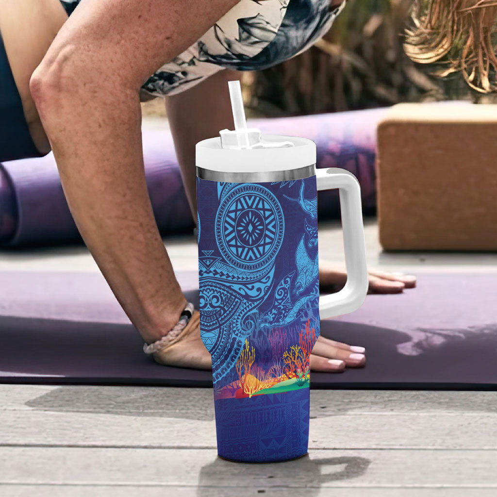 Fijian Tribal Manta Ray Tumbler With Handle Masi Motif with Coral Reef Ocean Vibe