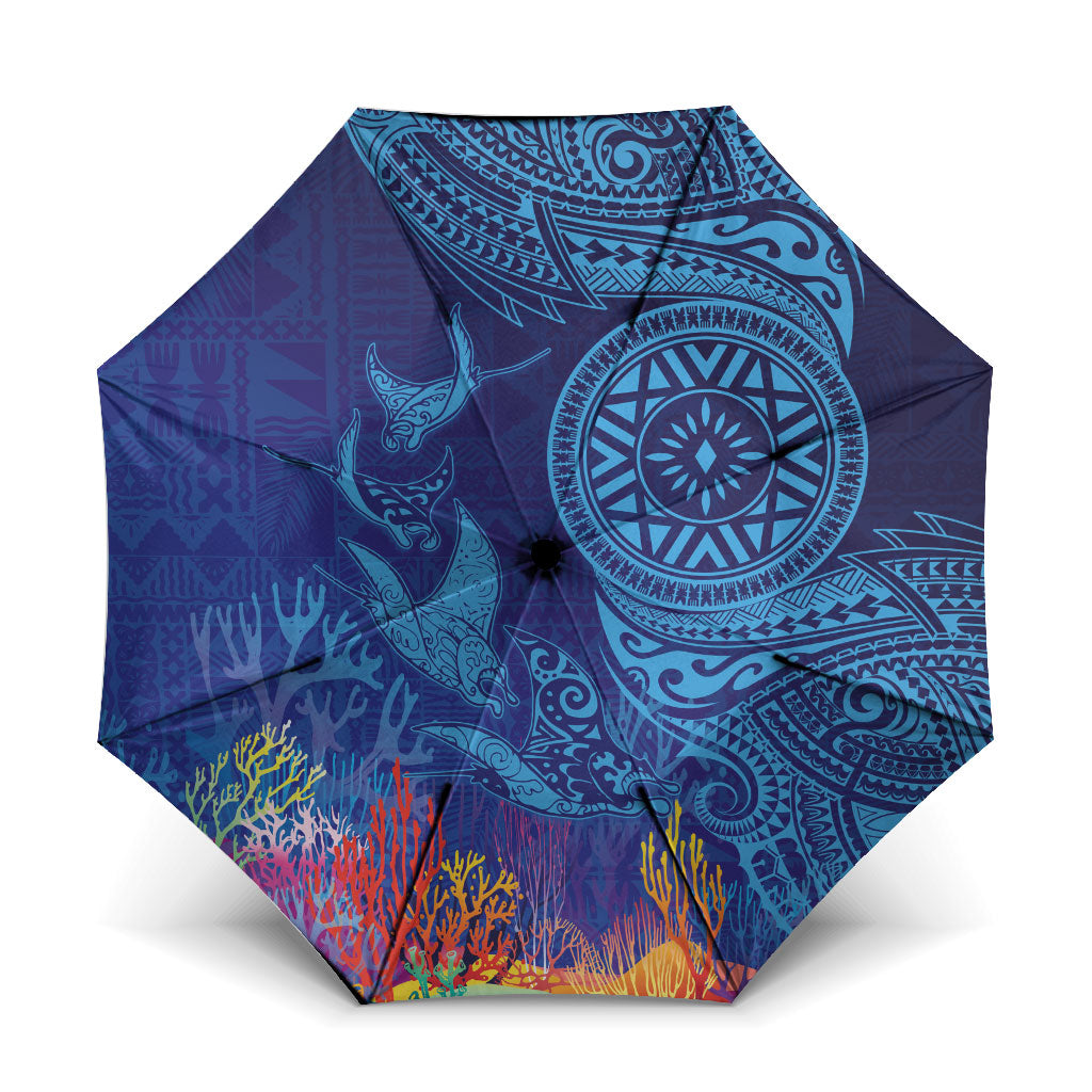 Fijian Tribal Manta Ray Umbrella Masi Motif with Coral Reef Ocean Vibe