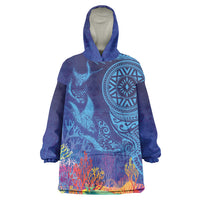 Fijian Tribal Manta Ray Wearable Blanket Hoodie Masi Motif with Coral Reef Ocean Vibe