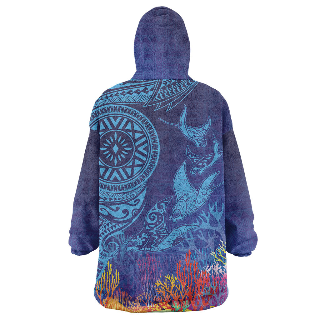 Fijian Tribal Manta Ray Wearable Blanket Hoodie Masi Motif with Coral Reef Ocean Vibe