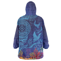 Fijian Tribal Manta Ray Wearable Blanket Hoodie Masi Motif with Coral Reef Ocean Vibe