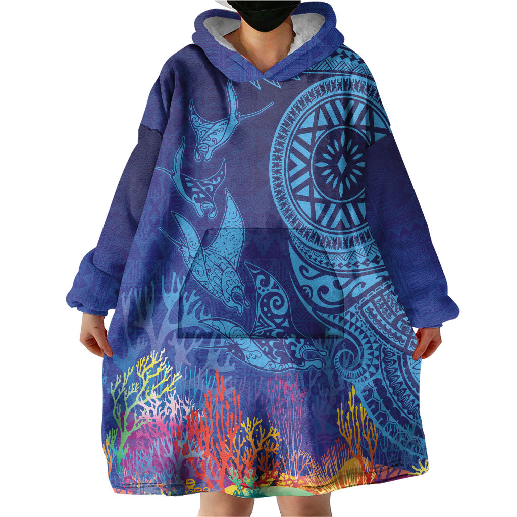 Fijian Tribal Manta Ray Wearable Blanket Hoodie Masi Motif with Coral Reef Ocean Vibe