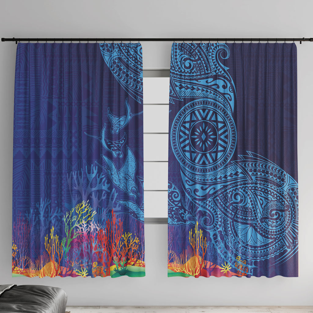 Fijian Tribal Manta Ray Window Curtain Masi Motif with Coral Reef Ocean Vibe