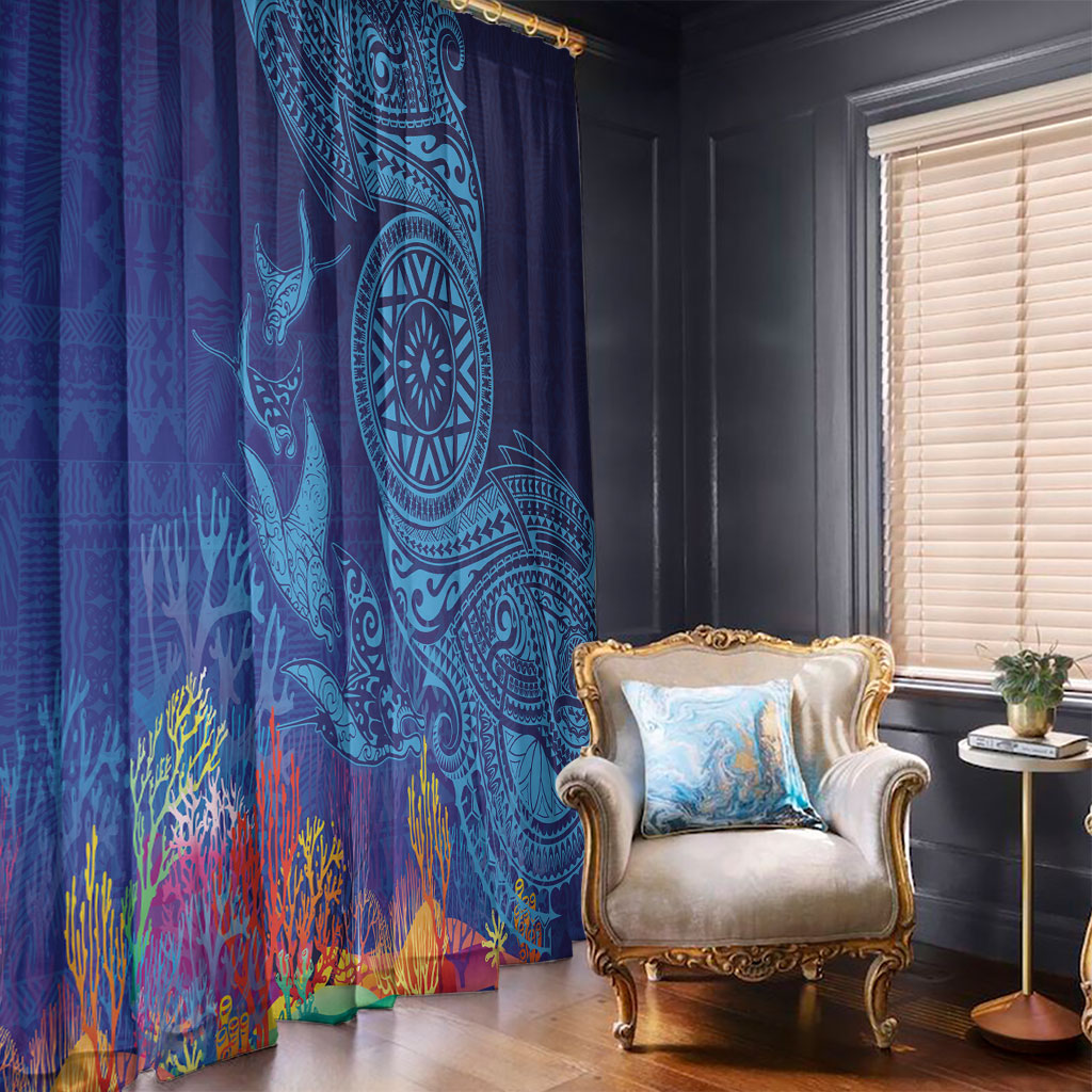 Fijian Tribal Manta Ray Window Curtain Masi Motif with Coral Reef Ocean Vibe