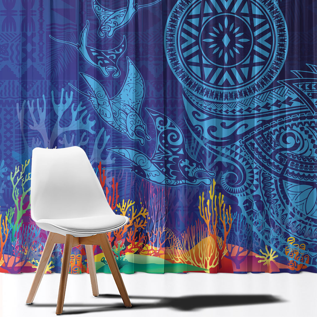 Fijian Tribal Manta Ray Window Curtain Masi Motif with Coral Reef Ocean Vibe