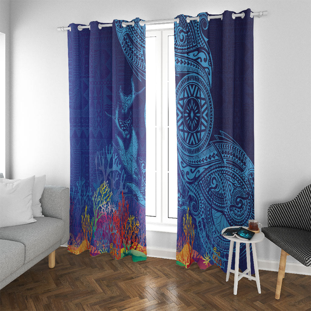 Fijian Tribal Manta Ray Window Curtain Masi Motif with Coral Reef Ocean Vibe