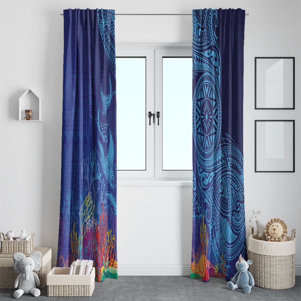 Fijian Tribal Manta Ray Window Curtain Masi Motif with Coral Reef Ocean Vibe