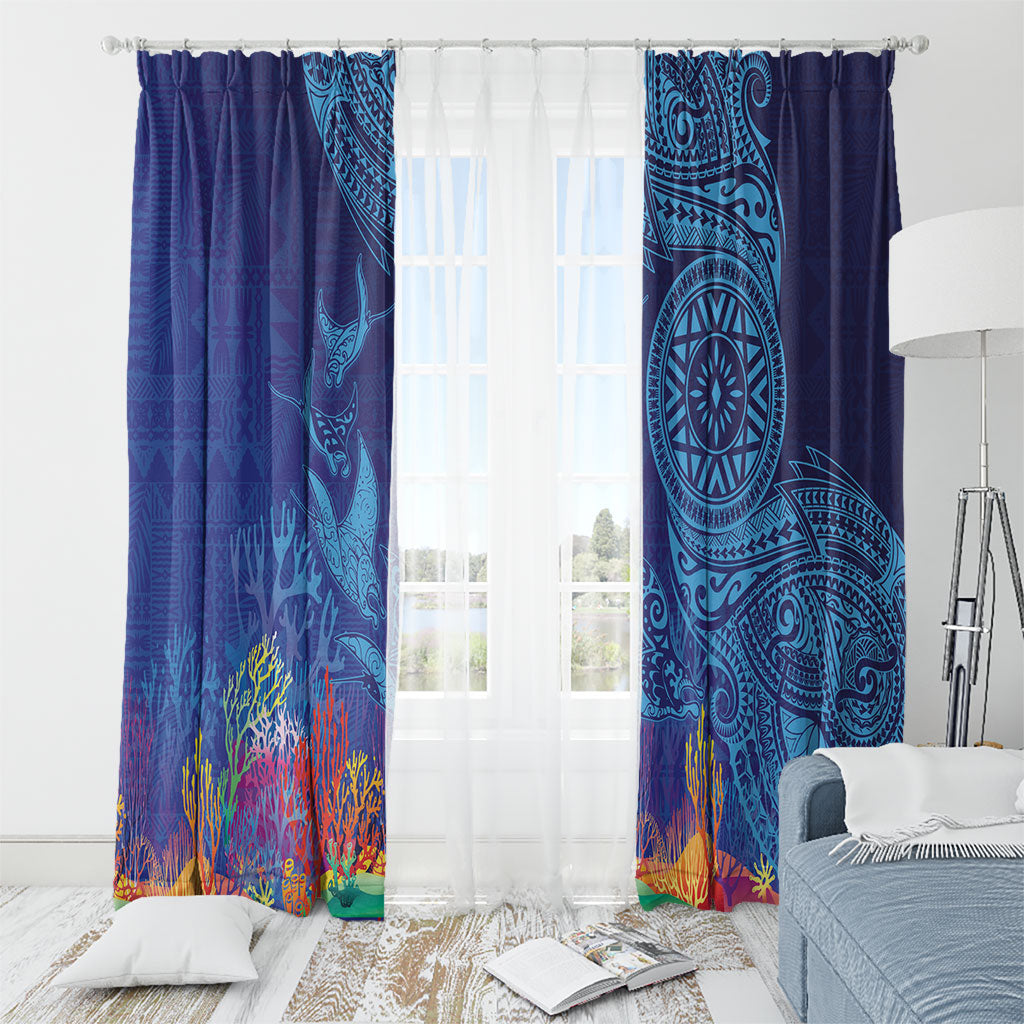 Fijian Tribal Manta Ray Window Curtain Masi Motif with Coral Reef Ocean Vibe