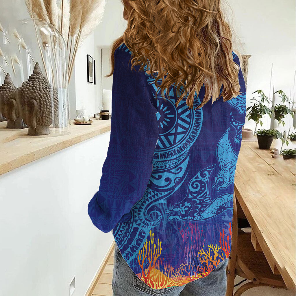 Fijian Tribal Manta Ray Women Casual Shirt Masi Motif with Coral Reef Ocean Vibe