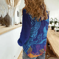 Fijian Tribal Manta Ray Women Casual Shirt Masi Motif with Coral Reef Ocean Vibe