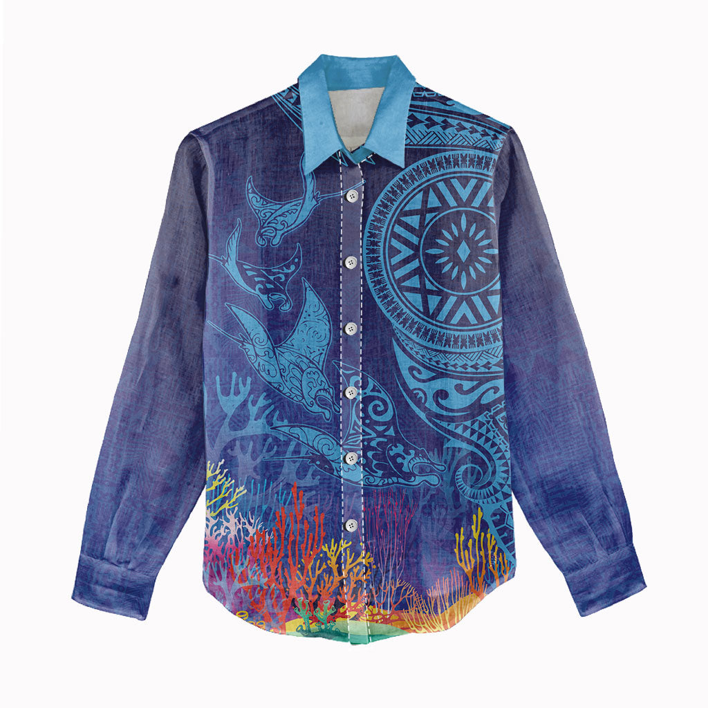 Fijian Tribal Manta Ray Women Casual Shirt Masi Motif with Coral Reef Ocean Vibe