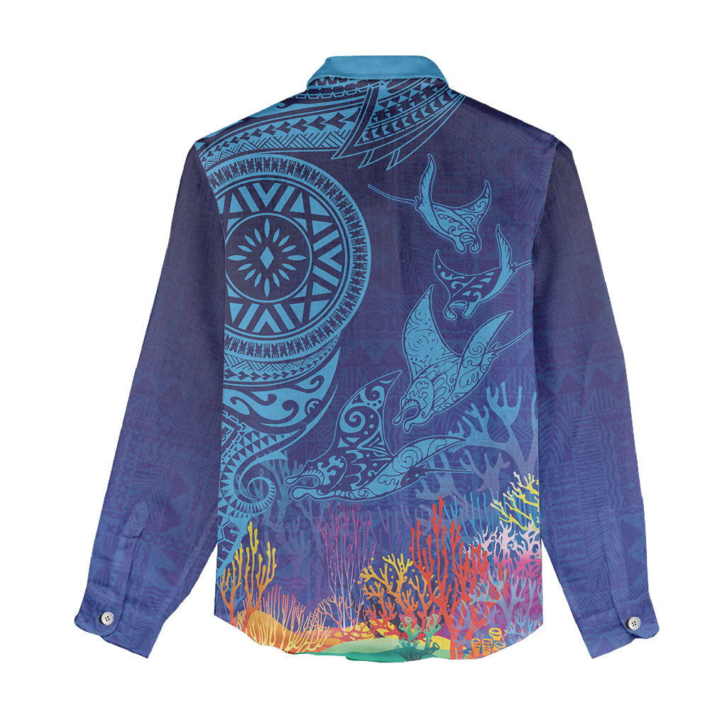 Fijian Tribal Manta Ray Women Casual Shirt Masi Motif with Coral Reef Ocean Vibe