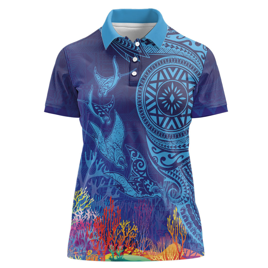 Fijian Tribal Manta Ray Women Polo Shirt Masi Motif with Coral Reef Ocean Vibe