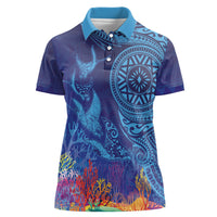 Fijian Tribal Manta Ray Women Polo Shirt Masi Motif with Coral Reef Ocean Vibe