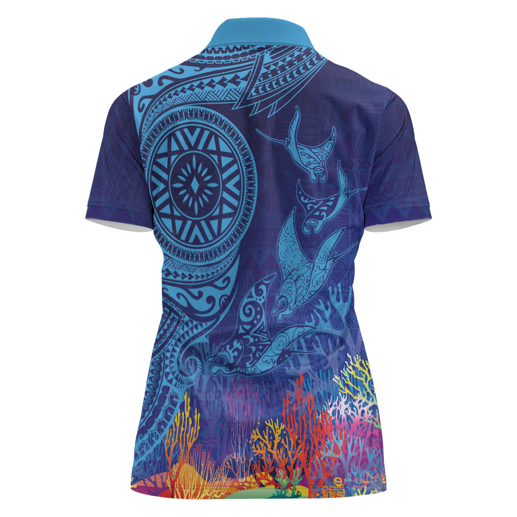 Fijian Tribal Manta Ray Women Polo Shirt Masi Motif with Coral Reef Ocean Vibe
