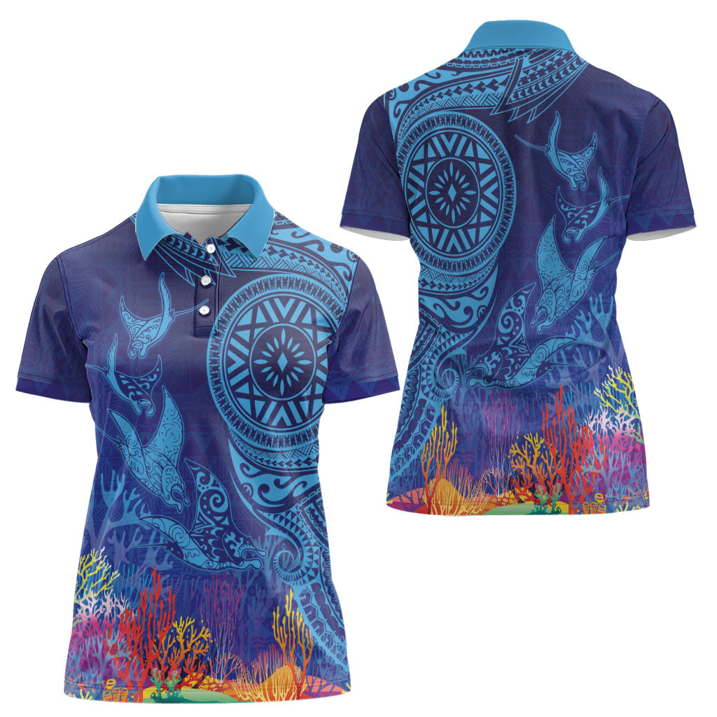 Fijian Tribal Manta Ray Women Polo Shirt Masi Motif with Coral Reef Ocean Vibe