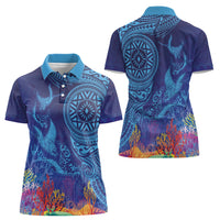 Fijian Tribal Manta Ray Women Polo Shirt Masi Motif with Coral Reef Ocean Vibe